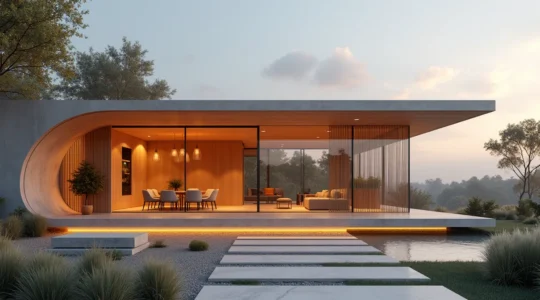 Photographie réaliste d'une structure événementielle moderne et épurée avec un éclairage cinématographique, textures naturelles fines, et un fond minimaliste avec espace négatif