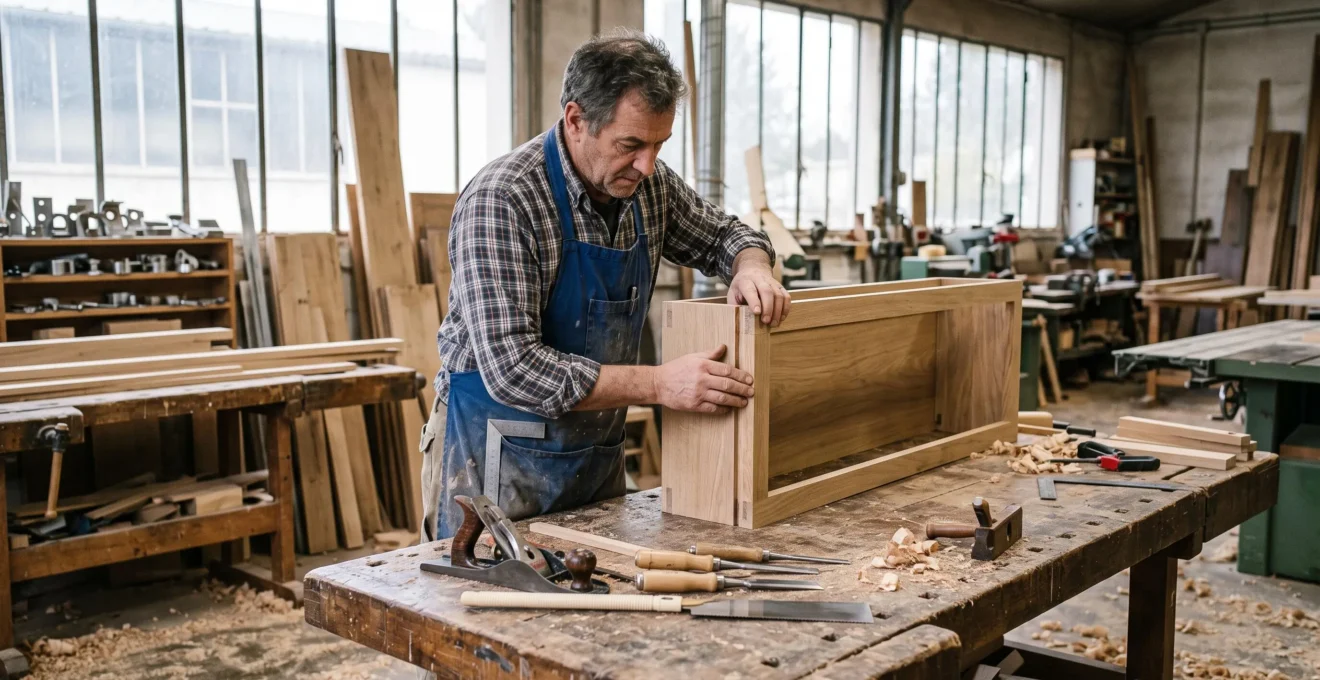 Un artisan ajuste un panneau de bois dans un atelier de fabrication de PLV.