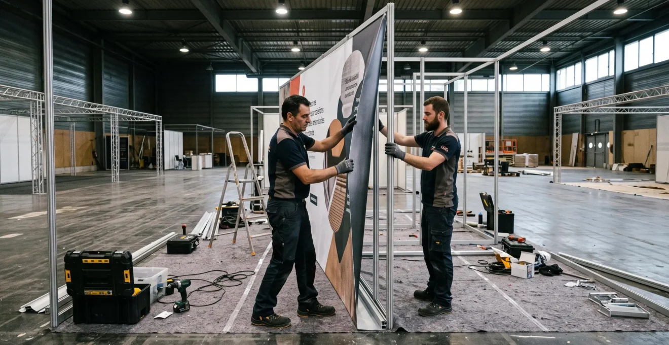 Deux techniciens montent un panneau de stand sur un salon avant l'ouverture.