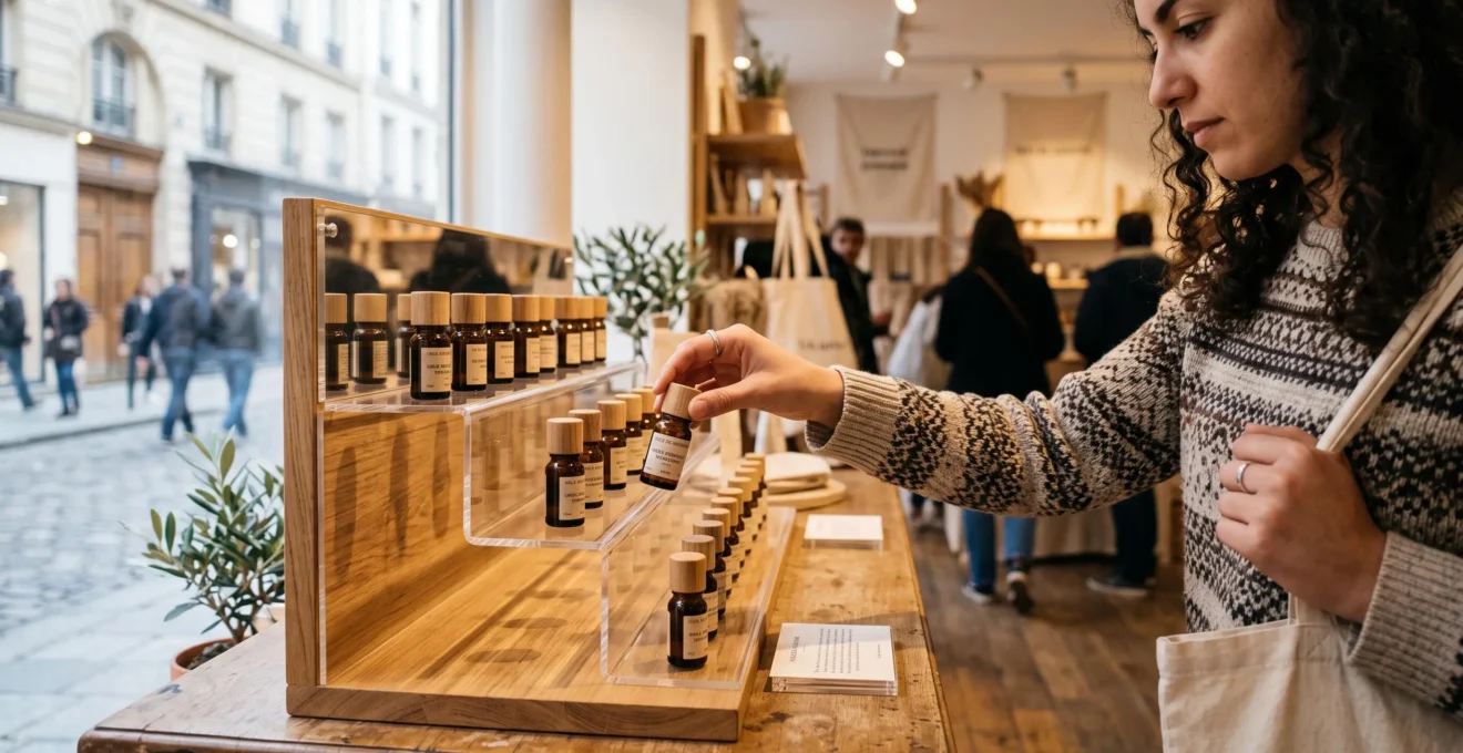 Une main attrape un échantillon présenté sur un présentoir de comptoir sur-mesure.