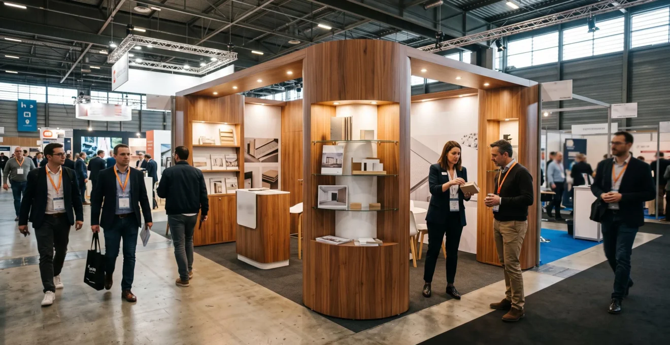 Un stand sur-mesure éclairé accueille des visiteurs sur un salon professionnel.