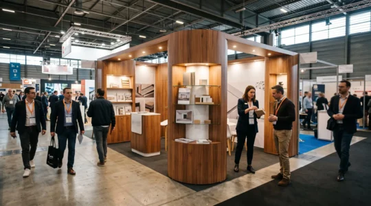 Un stand sur-mesure éclairé accueille des visiteurs sur un salon professionnel.
